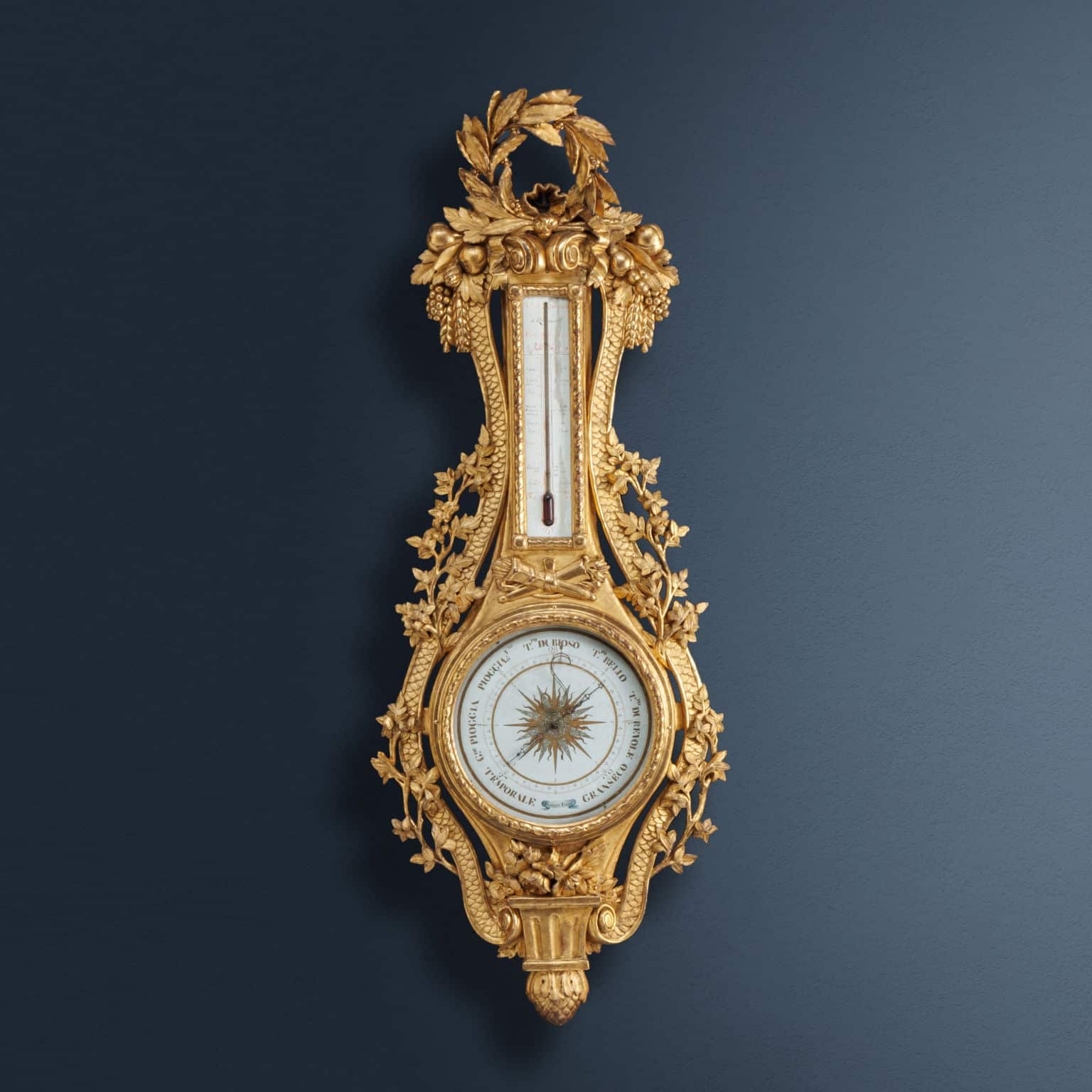 Barometro e termometro in legno intagliato e dorato Fiorone fecit, Milano 1790 ca.