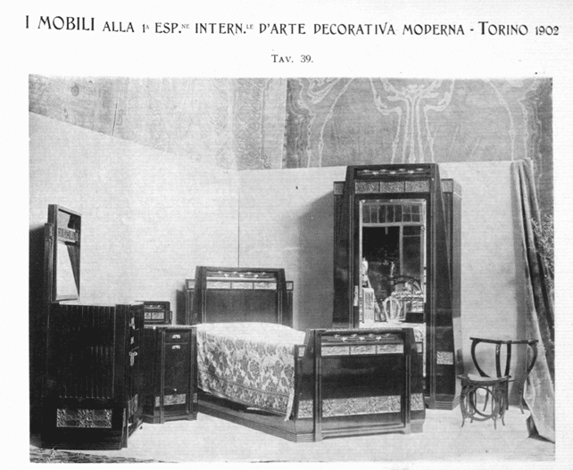 Camera da letto Liberty. Produzione Carlo Zen - Catalogo Esposizione universale di Torino 1902 pag 185-187