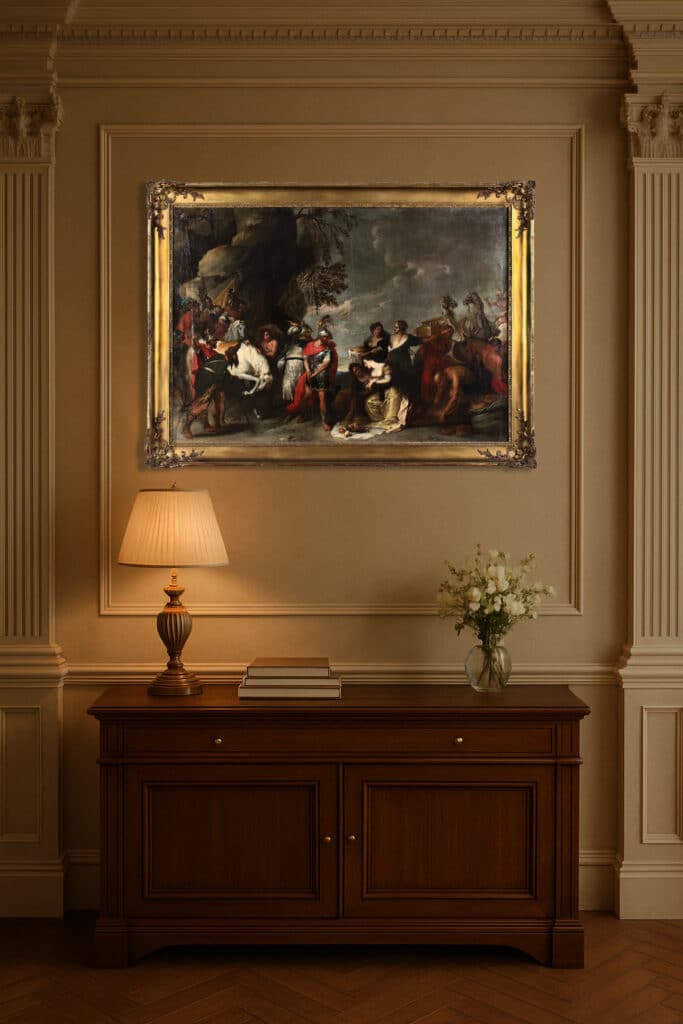 Quadro antico di arte sacra con Davide e Abigail ambientato in interno